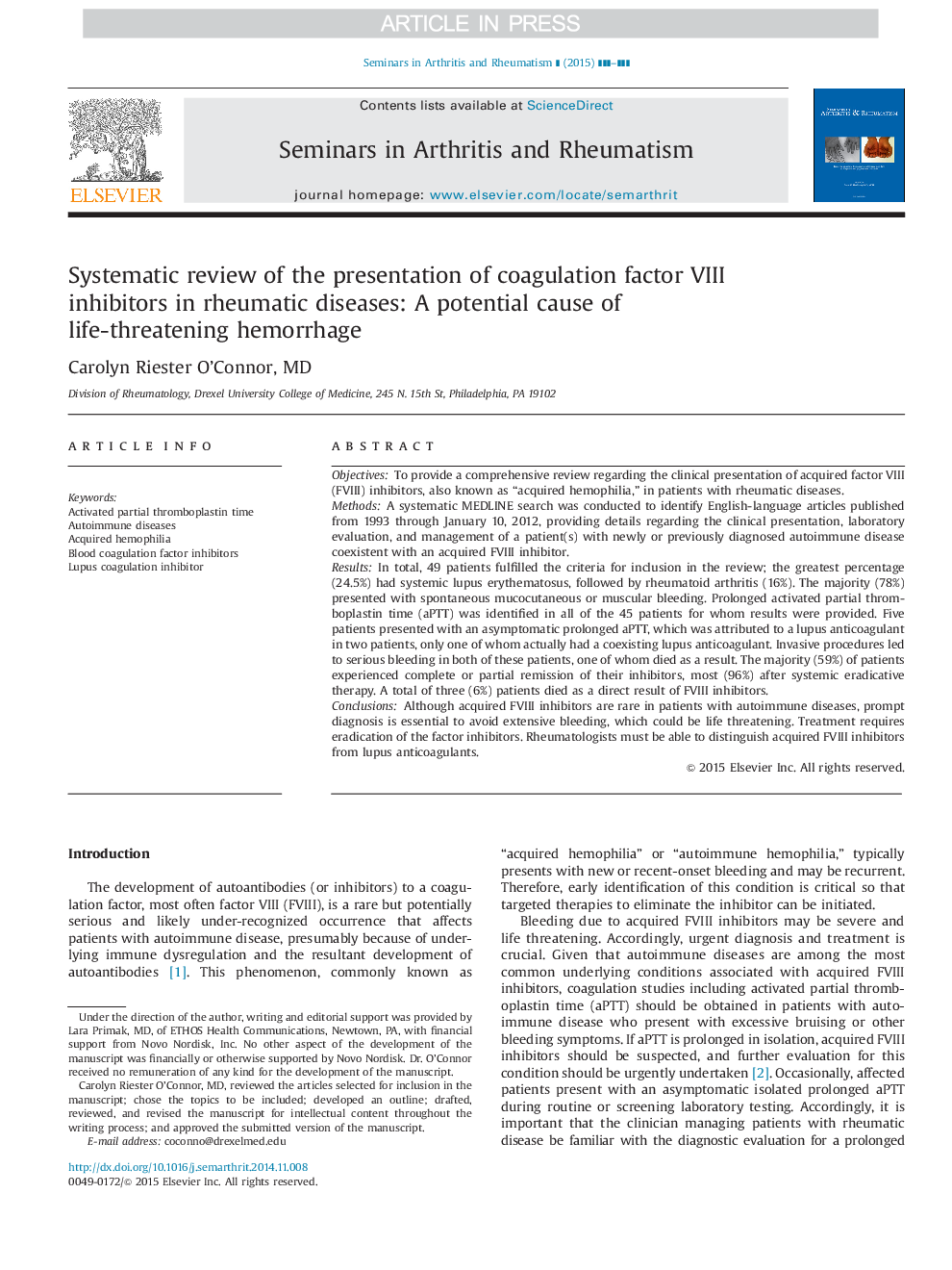 Systematic review of the presentation of coagulation factor VIII inhibitors in rheumatic diseases: A potential cause of life-threatening hemorrhage