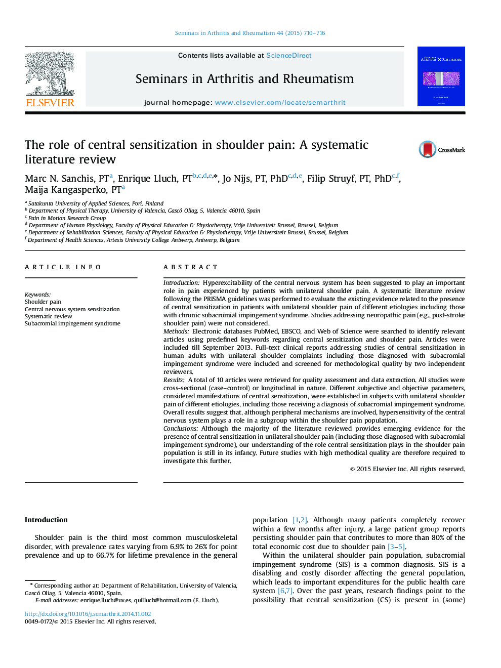 The role of central sensitization in shoulder pain: A systematic literature review