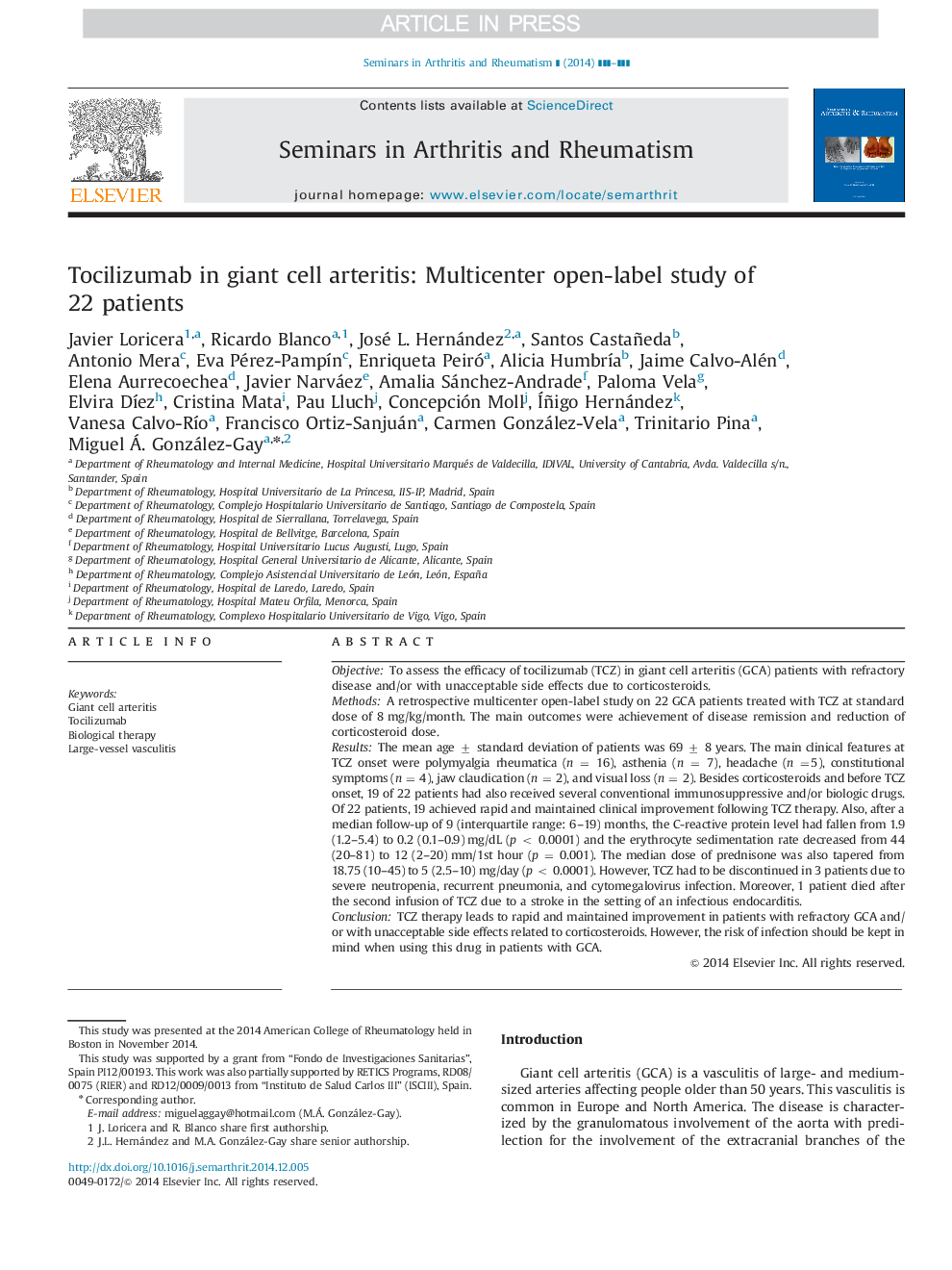 Tocilizumab in giant cell arteritis: Multicenter open-label study of 22 patients