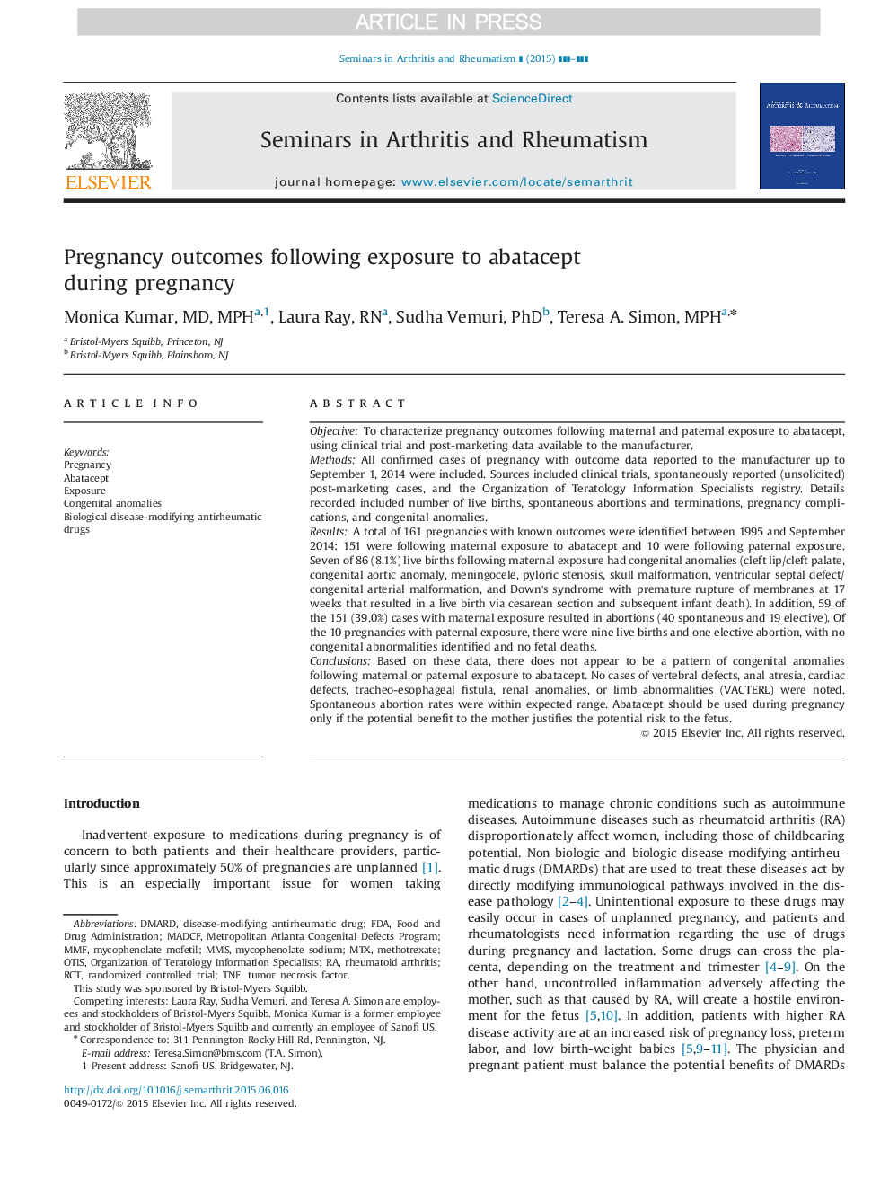 Pregnancy outcomes following exposure to abatacept during pregnancy