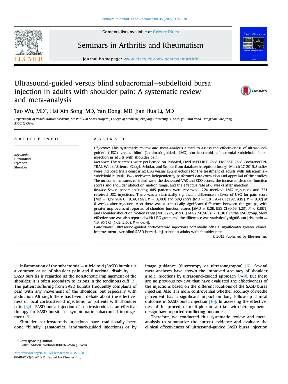 Ultrasound-guided versus blind subacromial-subdeltoid bursa injection in adults with shoulder pain: A systematic review and meta-analysis