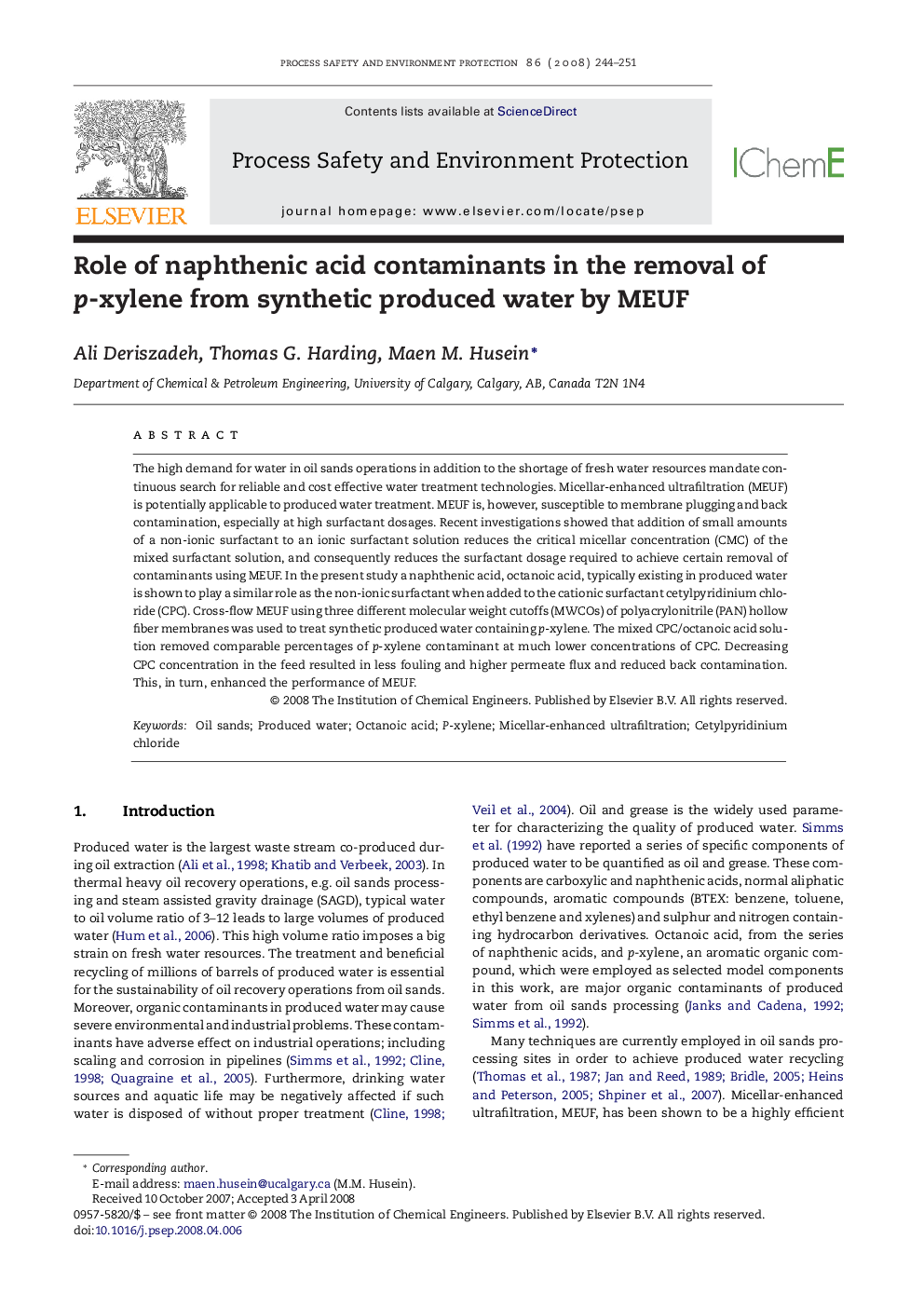 Role of naphthenic acid contaminants in the removal of p-xylene from synthetic produced water by MEUF