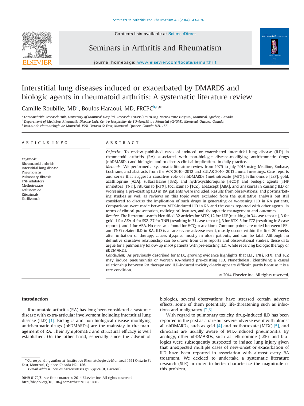 Interstitial lung diseases induced or exacerbated by DMARDS and biologic agents in rheumatoid arthritis: A systematic literature review