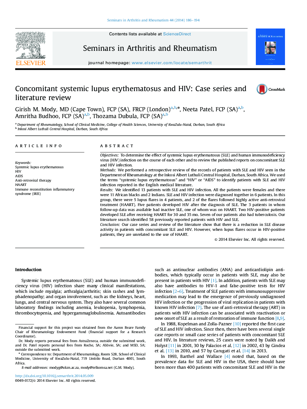 Concomitant systemic lupus erythematosus and HIV: Case series and literature review
