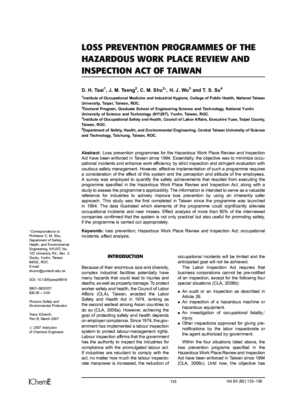 Loss Prevention Programmes of the Hazardous Work Place Review and Inspection Act of Taiwan