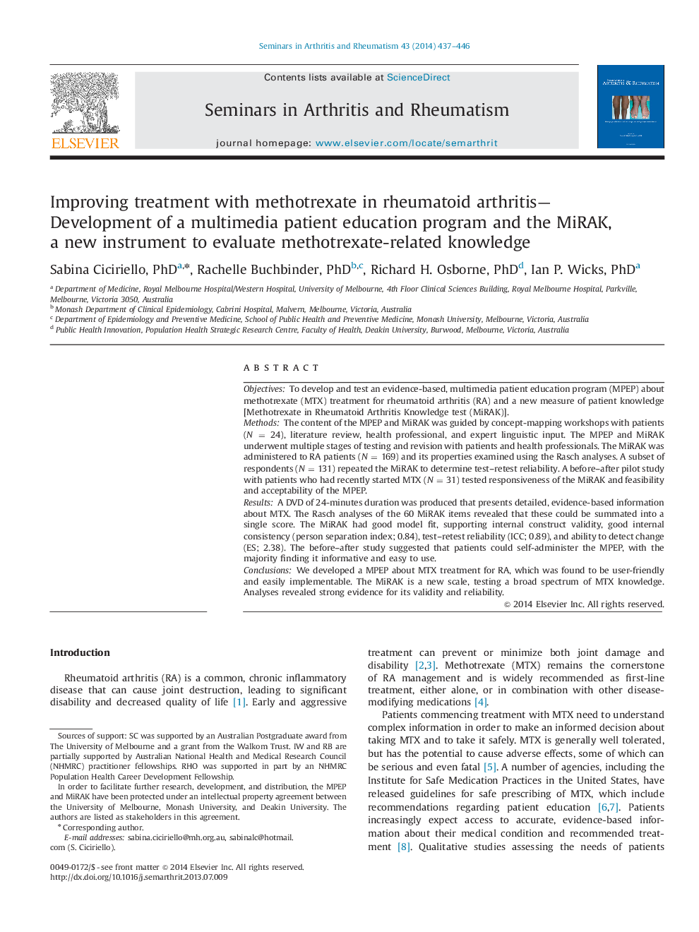 Improving treatment with methotrexate in rheumatoid arthritis-Development of a multimedia patient education program and the MiRAK, a new instrument to evaluate methotrexate-related knowledge