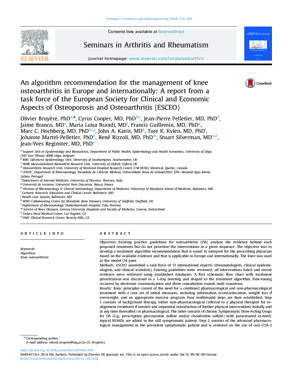 An algorithm recommendation for the management of knee osteoarthritis in Europe and internationally: A report from a task force of the European Society for Clinical and Economic Aspects of Osteoporosis and Osteoarthritis (ESCEO)