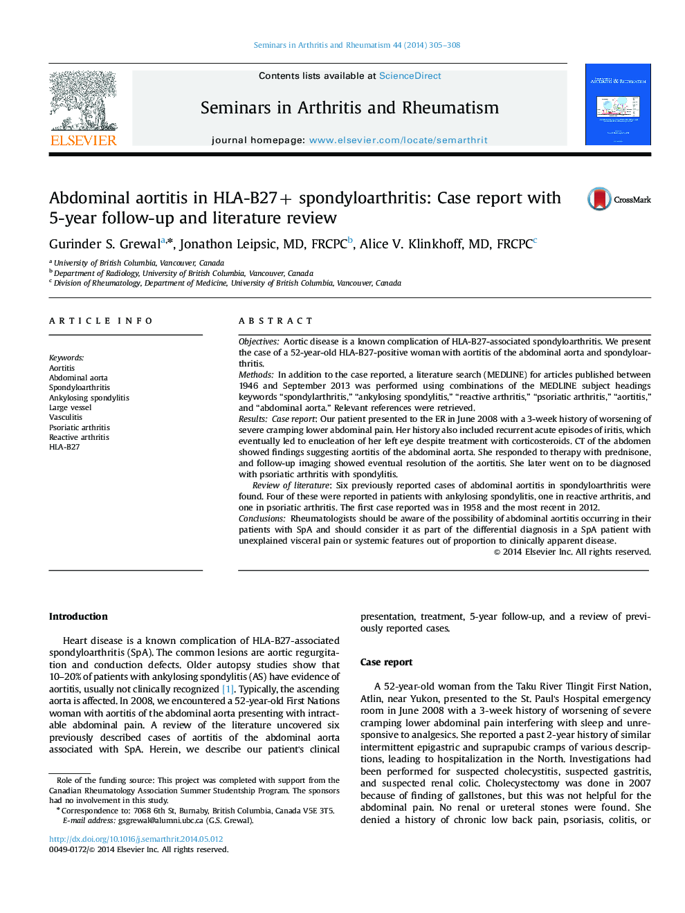 Abdominal aortitis in HLA-B27+ spondyloarthritis: Case report with 5-year follow-up and literature review