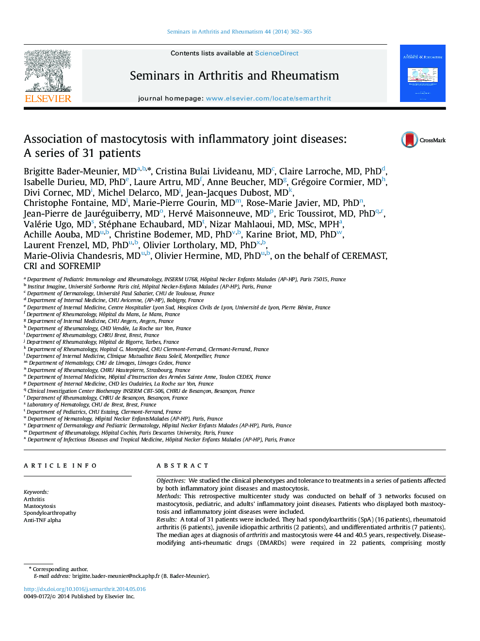 انجمن ماستوسیتوز با بیماریهای التهابی مفصلی: مجموعه ای از 31 بیمار 