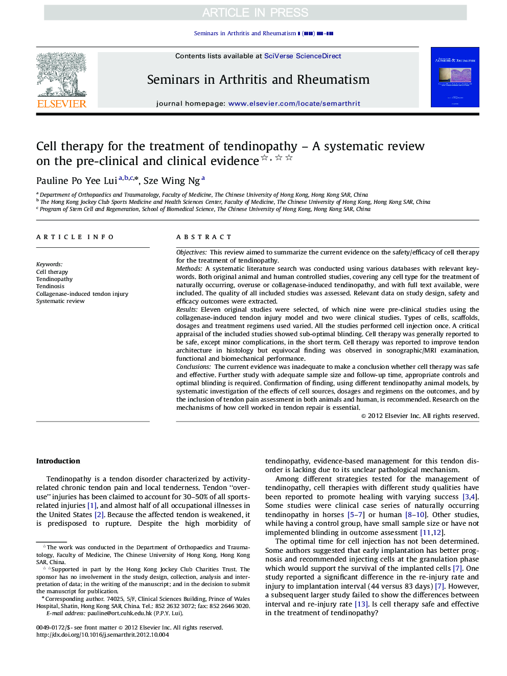 سلول درمان برای درمان تاندونویپاتی - یک بررسی سیستماتیک در مورد شواهد پیش از بالینی و بالینی 