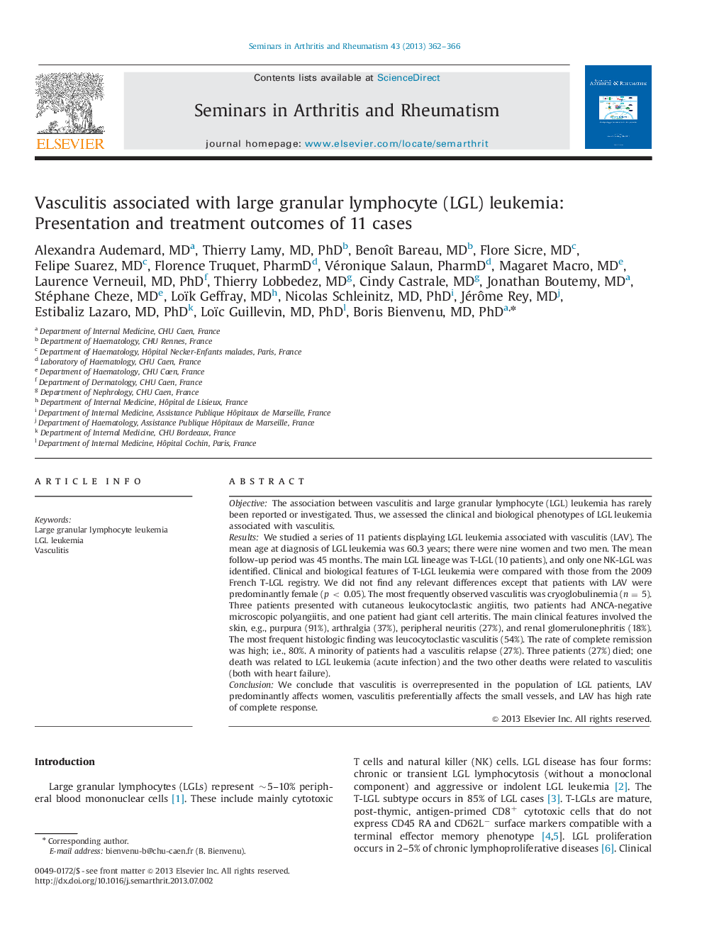 Vasculitis associated with large granular lymphocyte (LGL) leukemia: Presentation and treatment outcomes of 11 cases