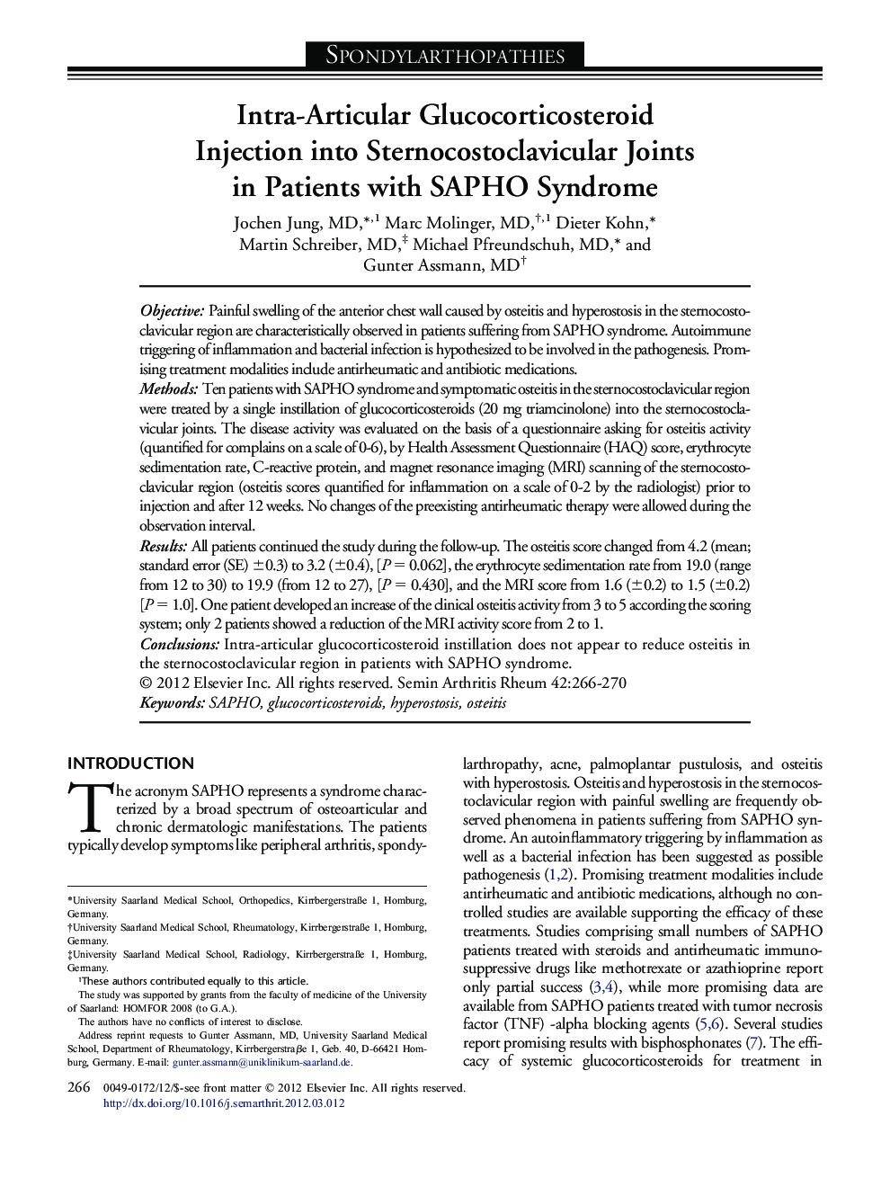 Intra-Articular Glucocorticosteroid Injection into Sternocostoclavicular Joints in Patients with SAPHO Syndrome