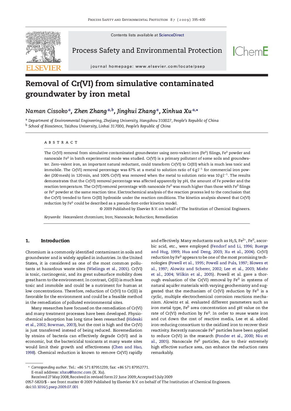 Removal of Cr(VI) from simulative contaminated groundwater by iron metal