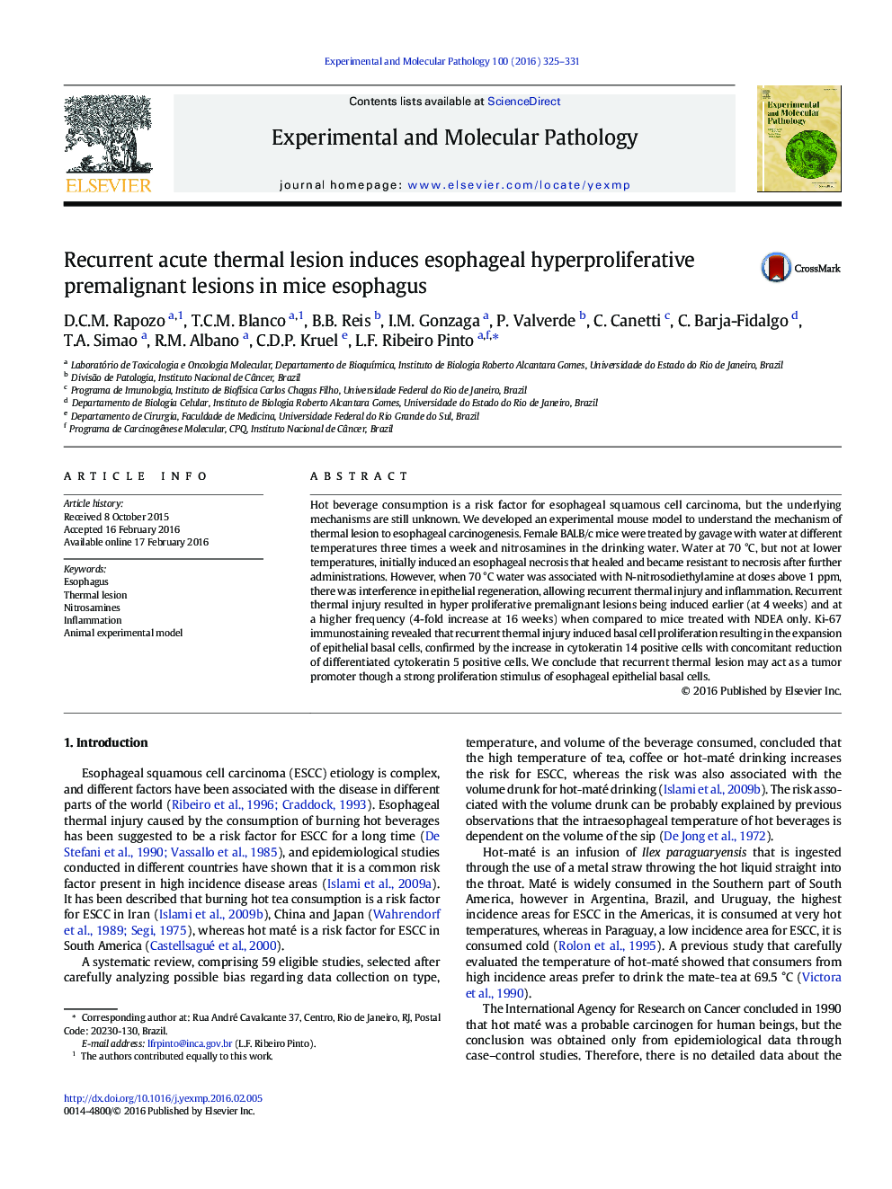 Recurrent acute thermal lesion induces esophageal hyperproliferative premalignant lesions in mice esophagus