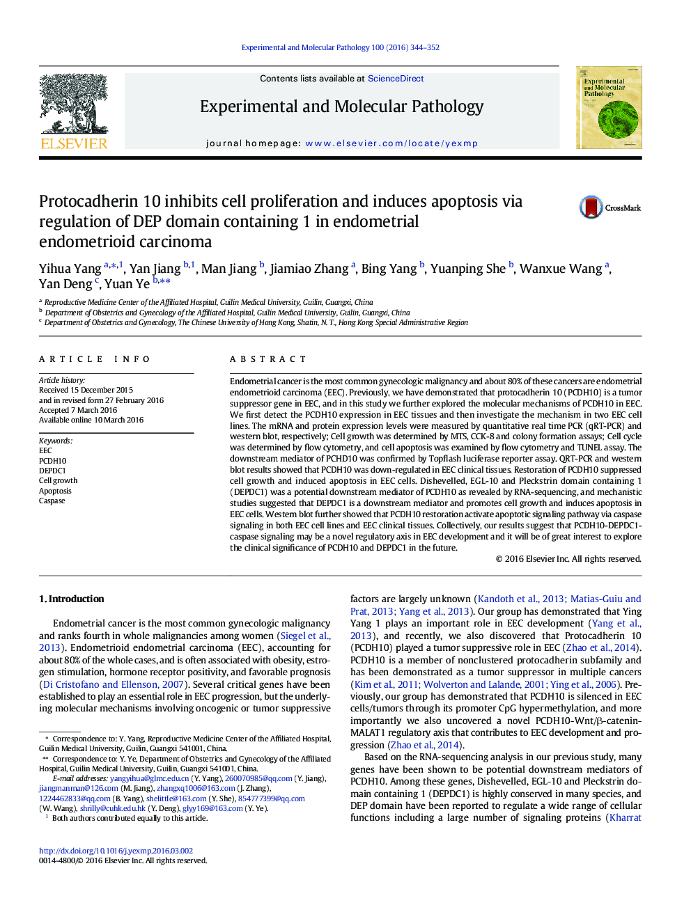 Protocadherin 10 inhibits cell proliferation and induces apoptosis via regulation of DEP domain containing 1 in endometrial endometrioid carcinoma