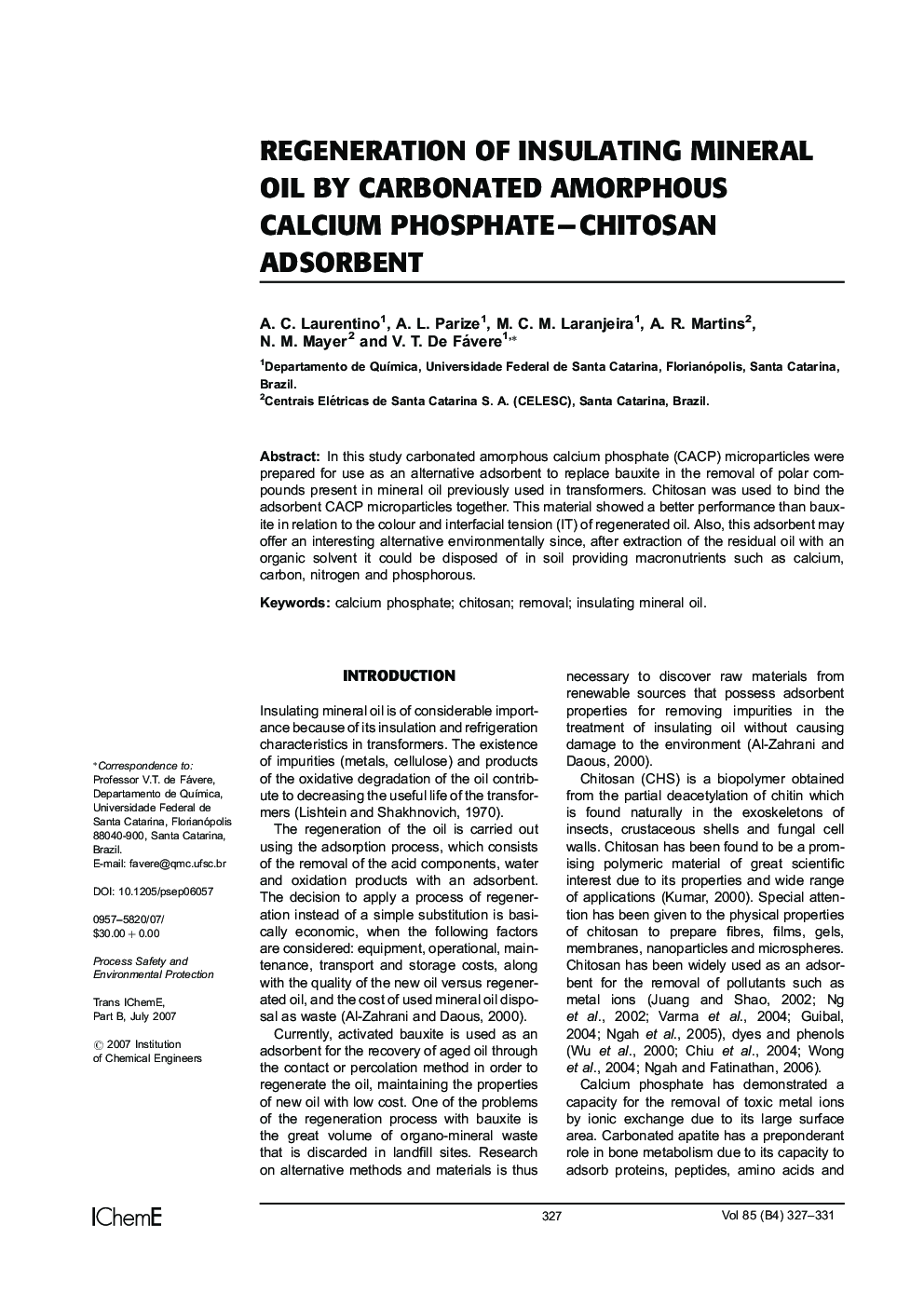 Regeneration of Insulating Mineral Oil by Carbonated Amorphous Calcium Phosphate–Chitosan Adsorbent