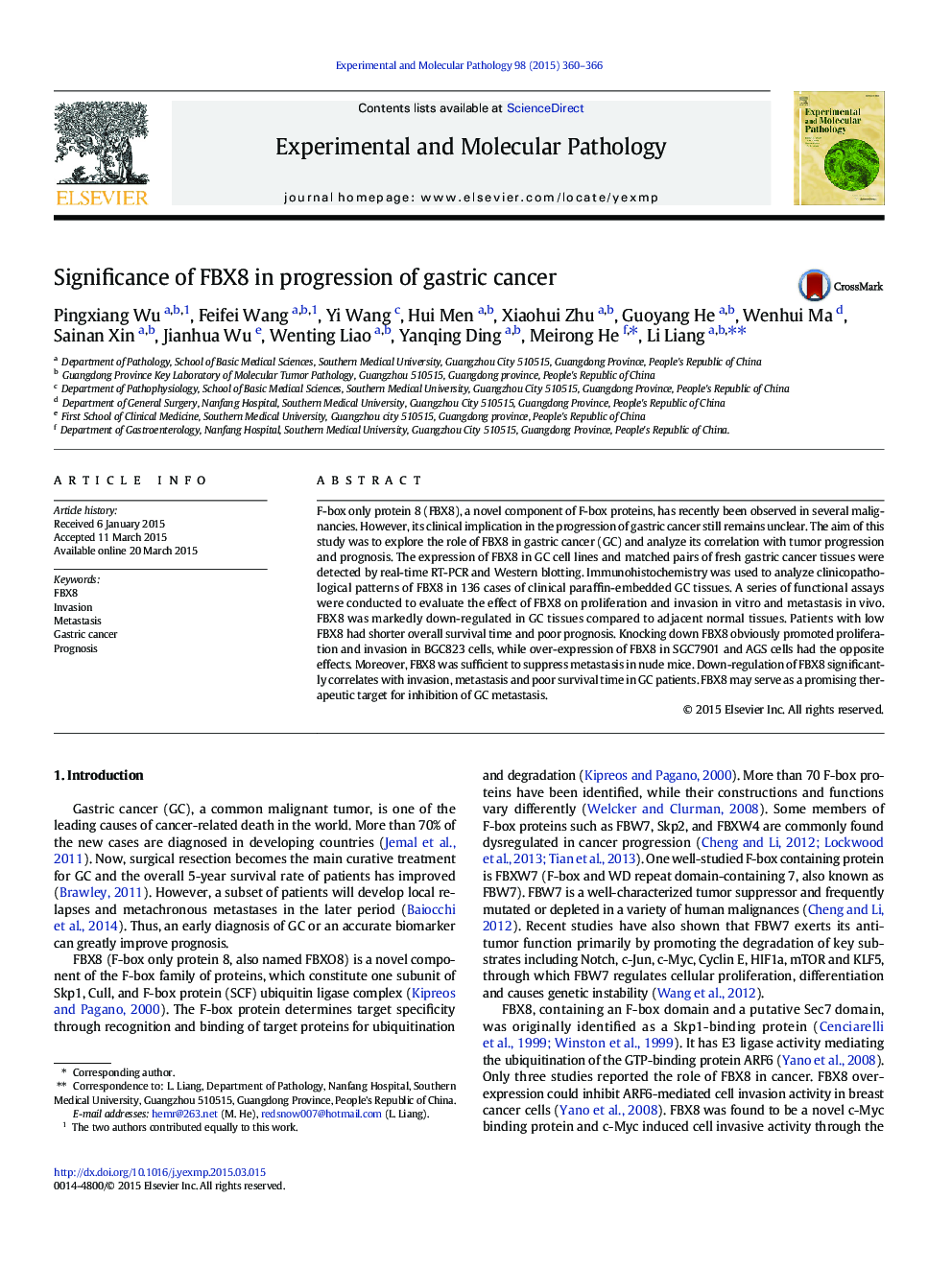 Significance of FBX8 in progression of gastric cancer