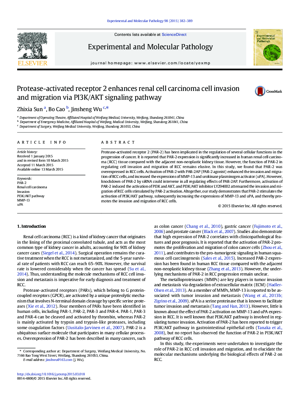 Protease-activated receptor 2 enhances renal cell carcinoma cell invasion and migration via PI3K/AKT signaling pathway