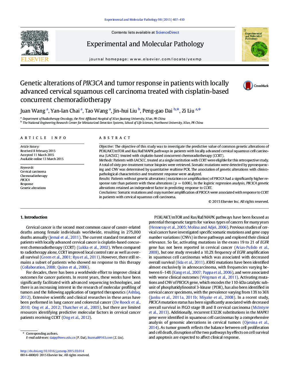 Genetic alterations of PIK3CA and tumor response in patients with locally advanced cervical squamous cell carcinoma treated with cisplatin-based concurrent chemoradiotherapy