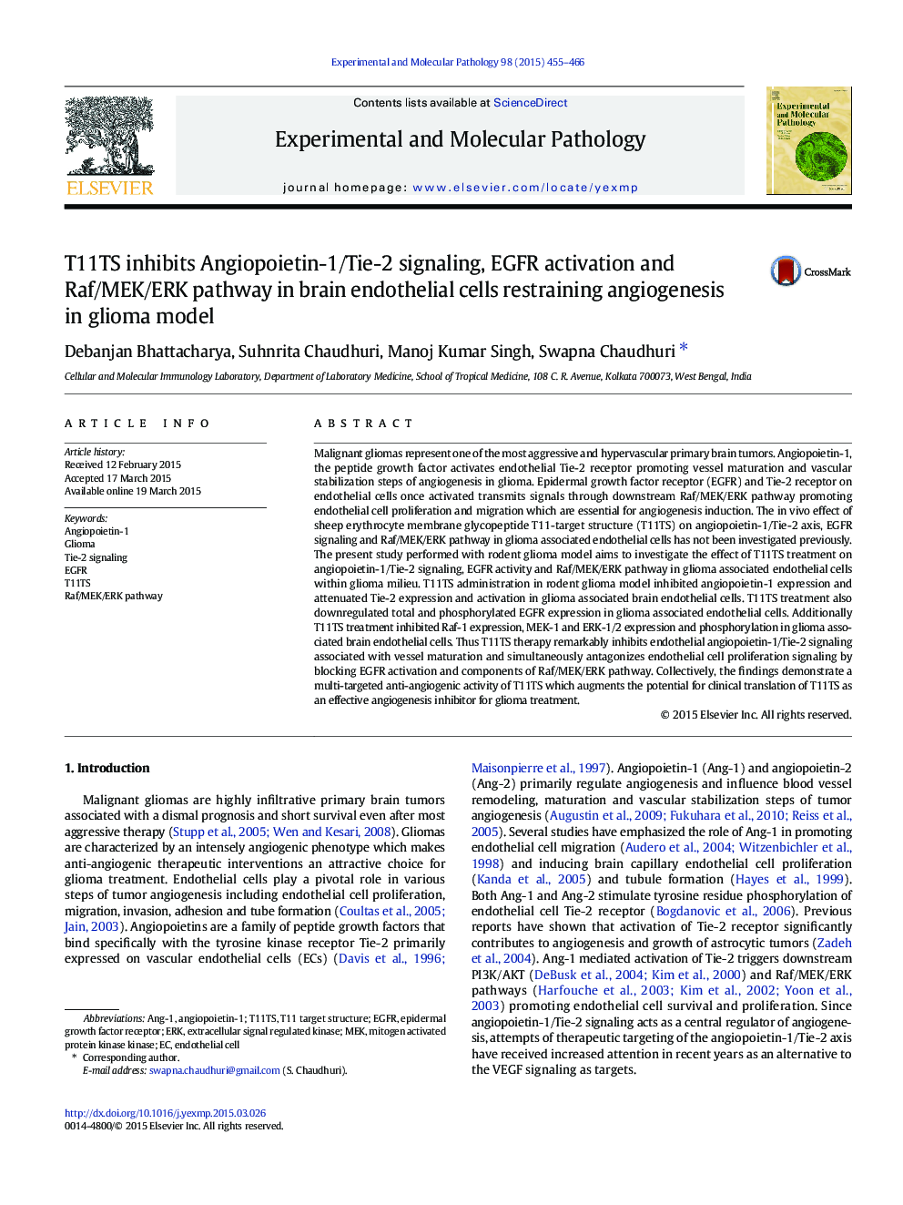 T11TS inhibits Angiopoietin-1/Tie-2 signaling, EGFR activation and Raf/MEK/ERK pathway in brain endothelial cells restraining angiogenesis in glioma model