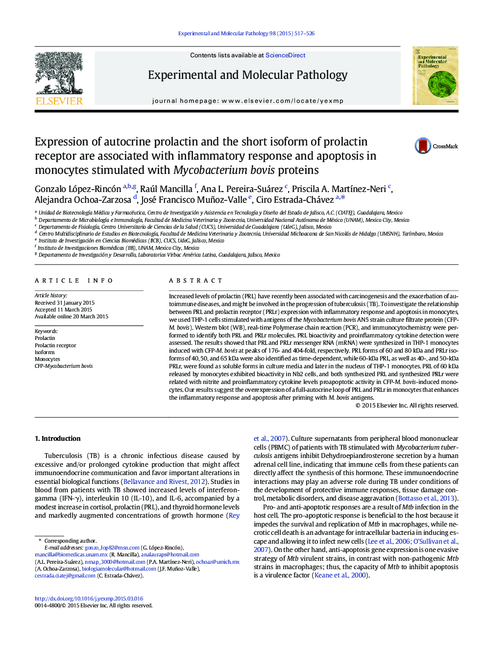 Expression of autocrine prolactin and the short isoform of prolactin receptor are associated with inflammatory response and apoptosis in monocytes stimulated with Mycobacterium bovis proteins