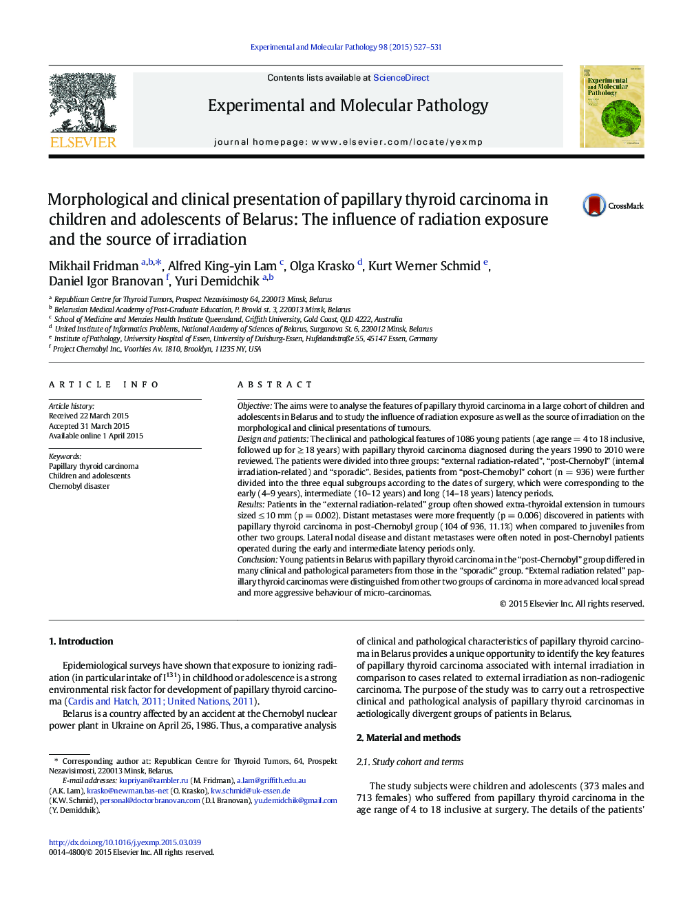 Morphological and clinical presentation of papillary thyroid carcinoma in children and adolescents of Belarus: The influence of radiation exposure and the source of irradiation