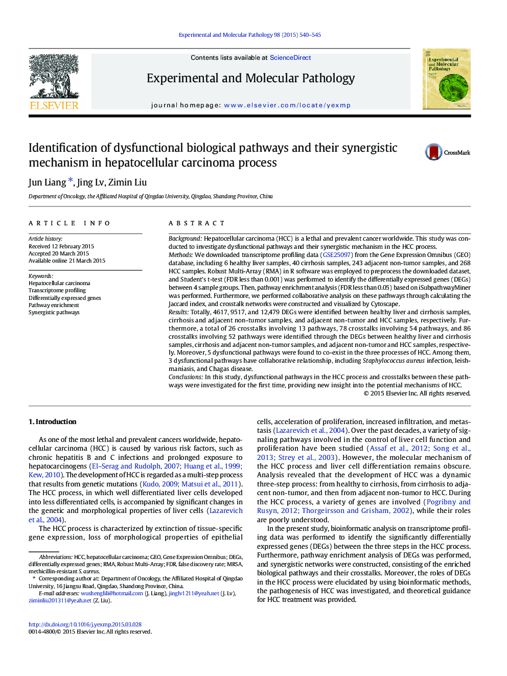 Identification of dysfunctional biological pathways and their synergistic mechanism in hepatocellular carcinoma process