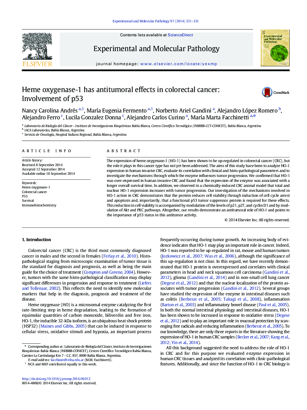 عکس صفحه اول مقاله: Heme oxygenase-1 has antitumoral effects in colorectal cancer: Involvement of p53 Heme oxygenase-1 has antitumoral effects in colorectal cancer: Involvement of p53