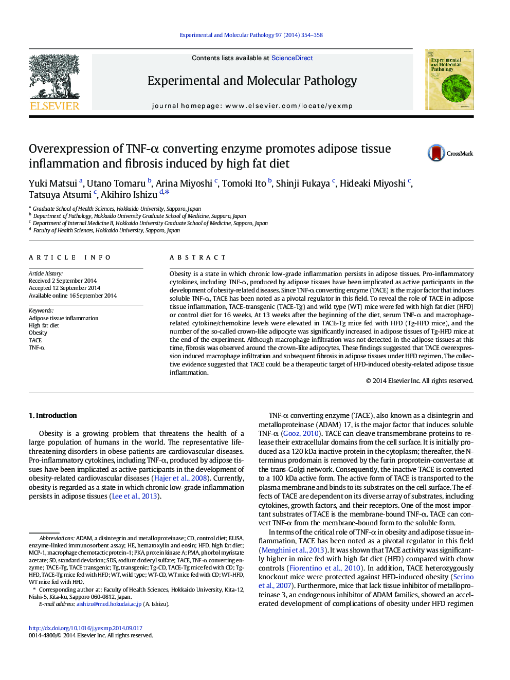 Overexpression of TNF-Î± converting enzyme promotes adipose tissue inflammation and fibrosis induced by high fat diet