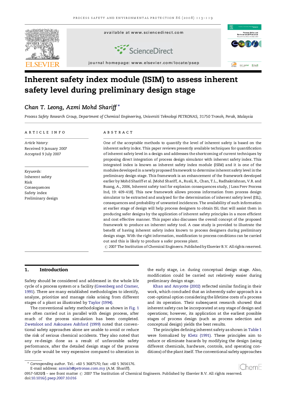 Inherent safety index module (ISIM) to assess inherent safety level during preliminary design stage