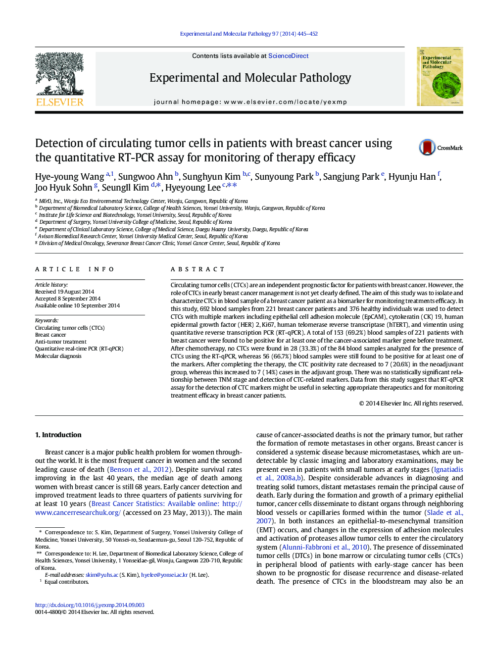 Detection of circulating tumor cells in patients with breast cancer using the quantitative RT-PCR assay for monitoring of therapy efficacy