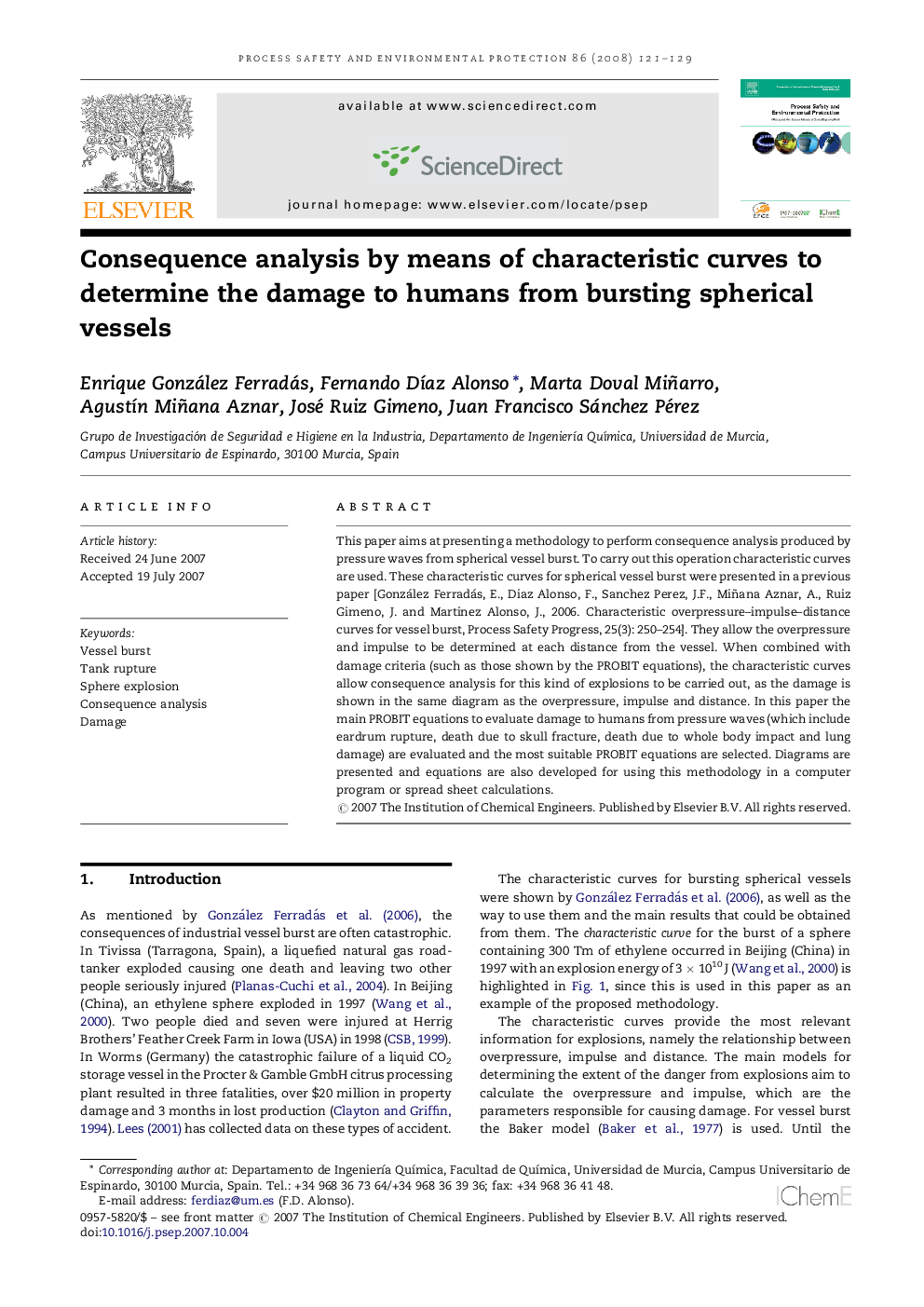 Consequence analysis by means of characteristic curves to determine the damage to humans from bursting spherical vessels