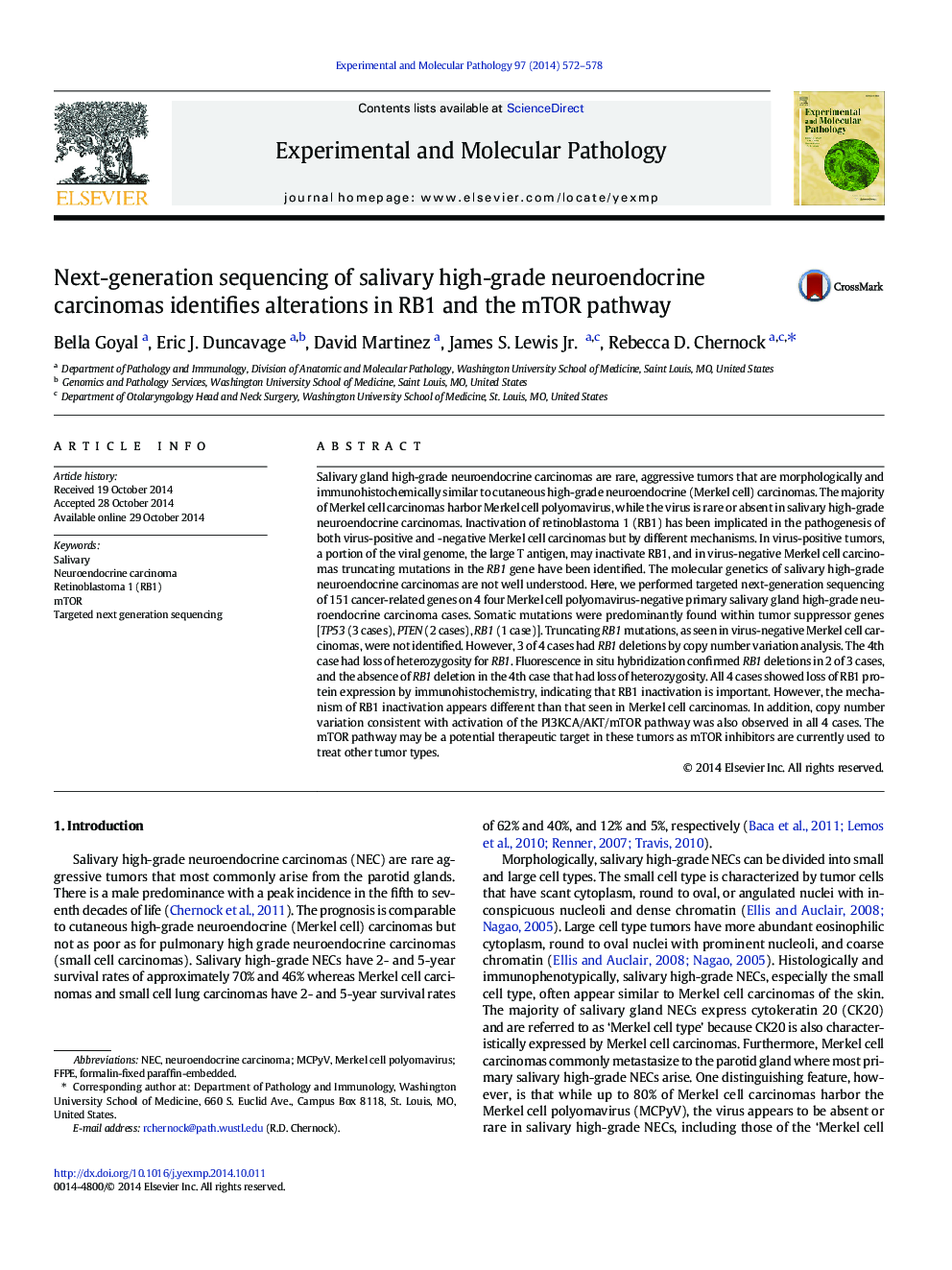 Next-generation sequencing of salivary high-grade neuroendocrine carcinomas identifies alterations in RB1 and the mTOR pathway