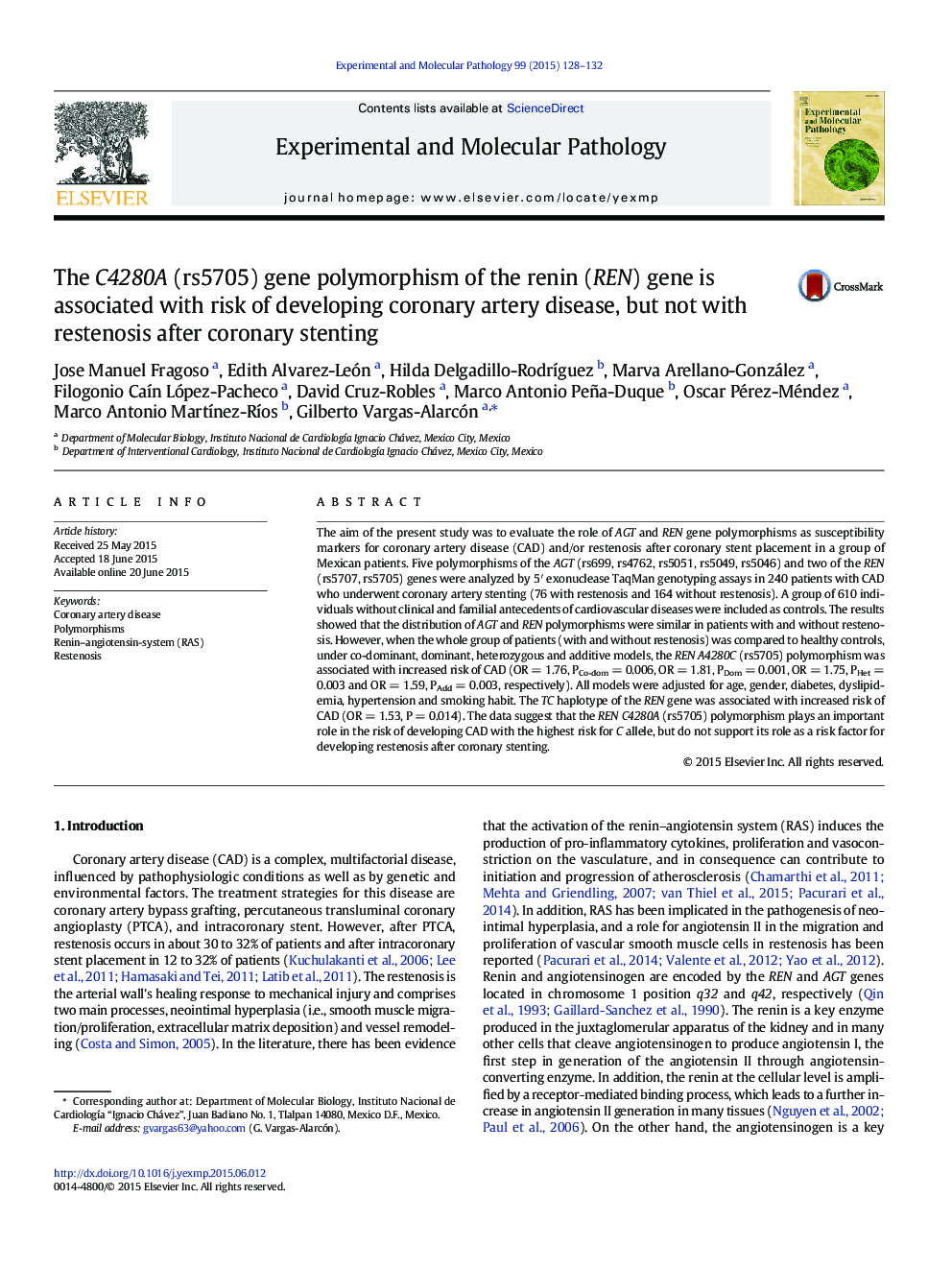 The C4280A (rs5705) gene polymorphism of the renin (REN) gene is associated with risk of developing coronary artery disease, but not with restenosis after coronary stenting