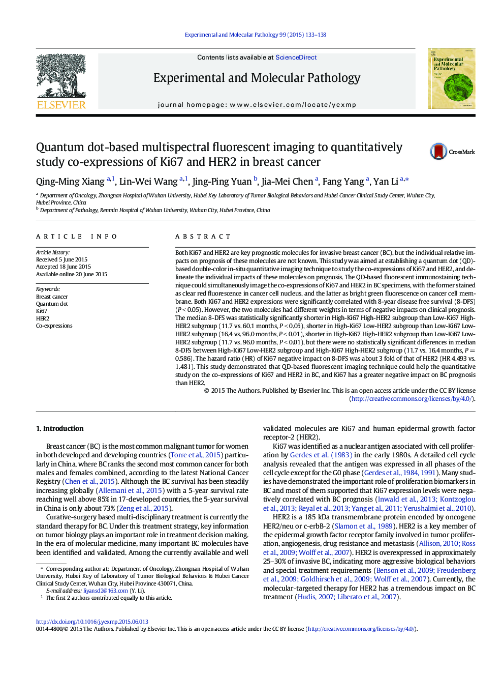 عکس صفحه اول مقاله: Quantum dot-based multispectral fluorescent imaging to quantitatively study co-expressions of Ki67 and HER2 in breast cancer Quantum dot-based multispectral fluorescent imaging to quantitatively study co-expressions of Ki67 and HER2 in breast cancer