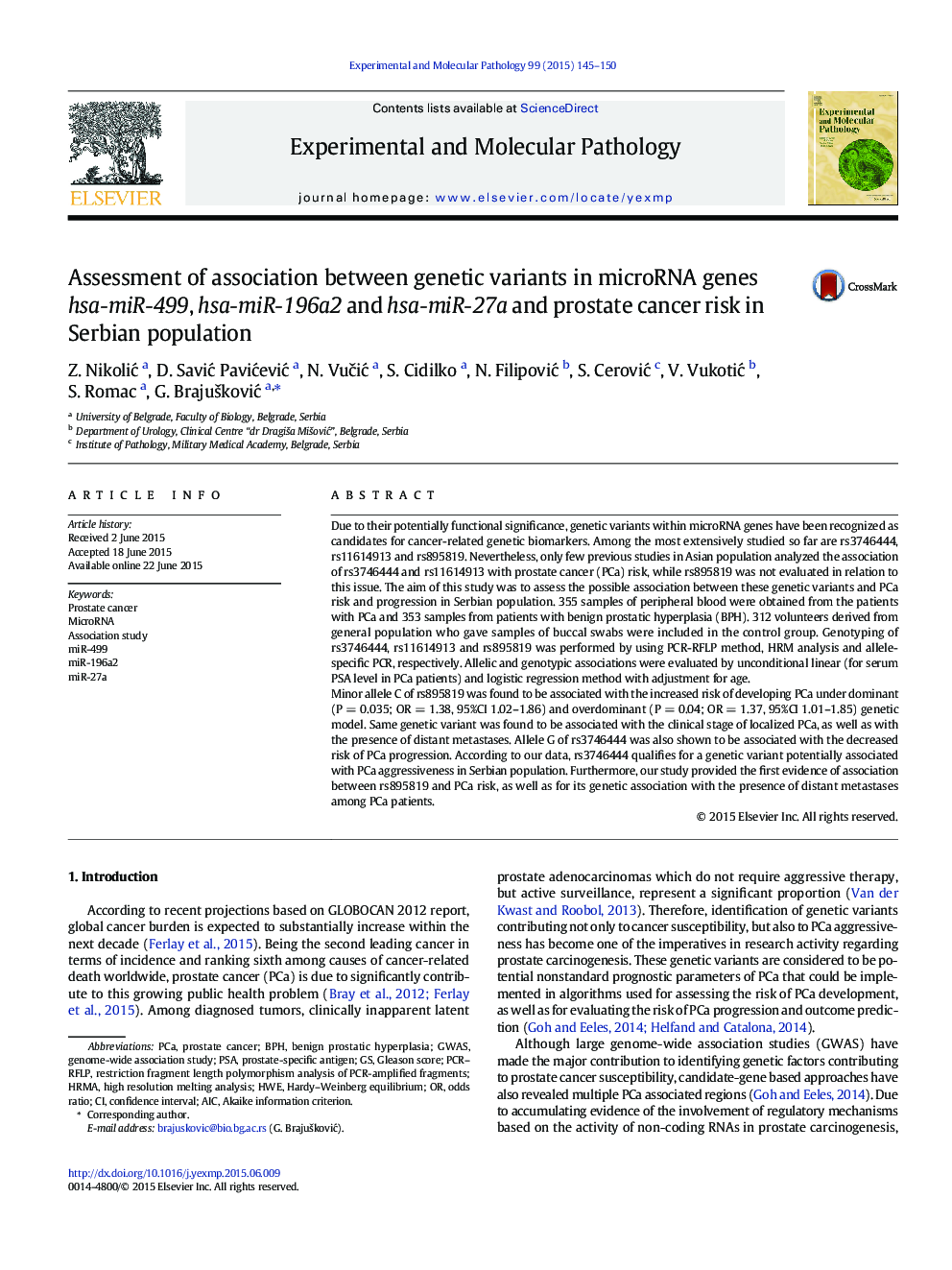 Assessment of association between genetic variants in microRNA genes hsa-miR-499, hsa-miR-196a2 and hsa-miR-27a and prostate cancer risk in Serbian population