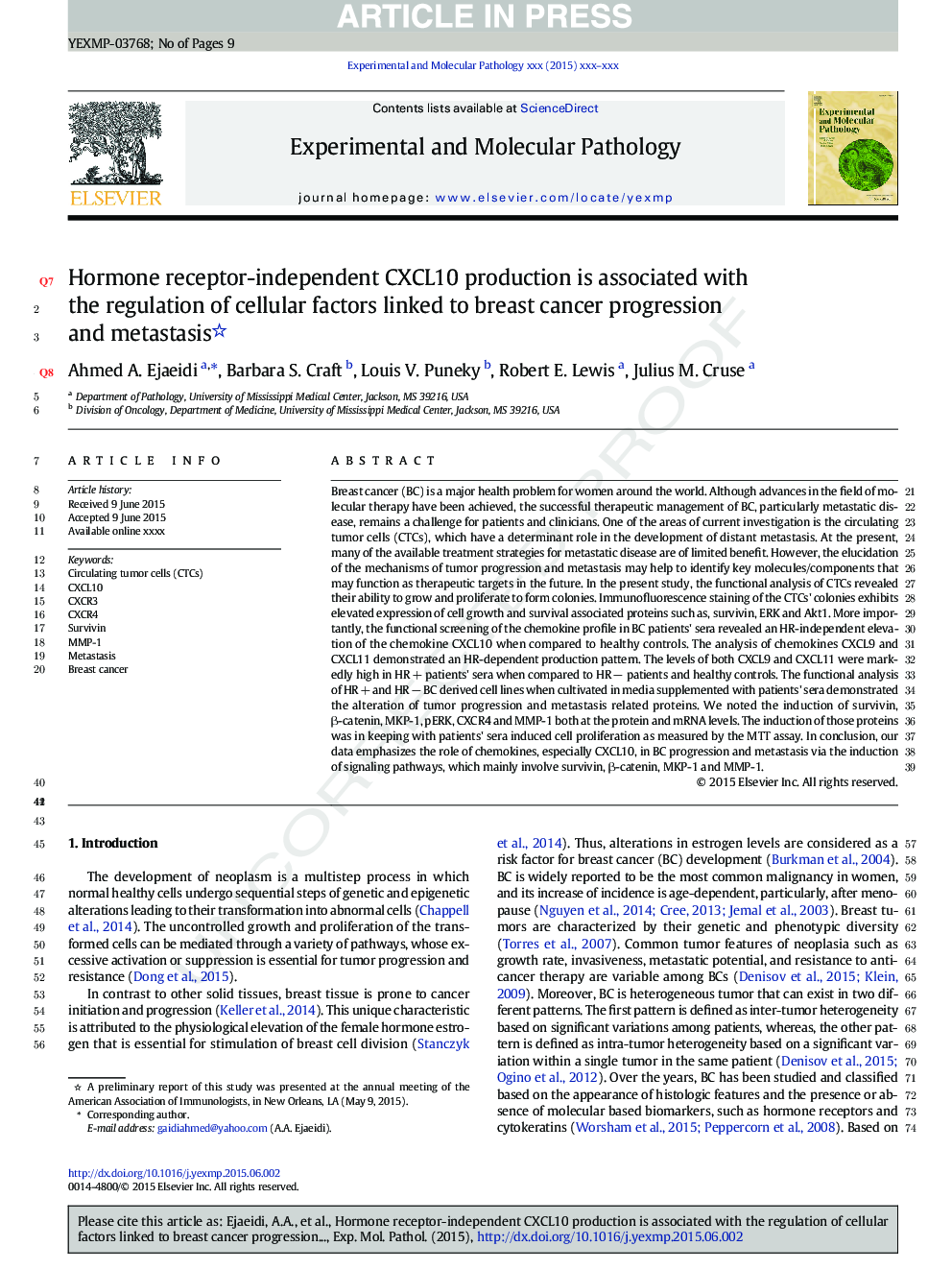 Hormone receptor-independent CXCL10 production is associated with the regulation of cellular factors linked to breast cancer progression and metastasis