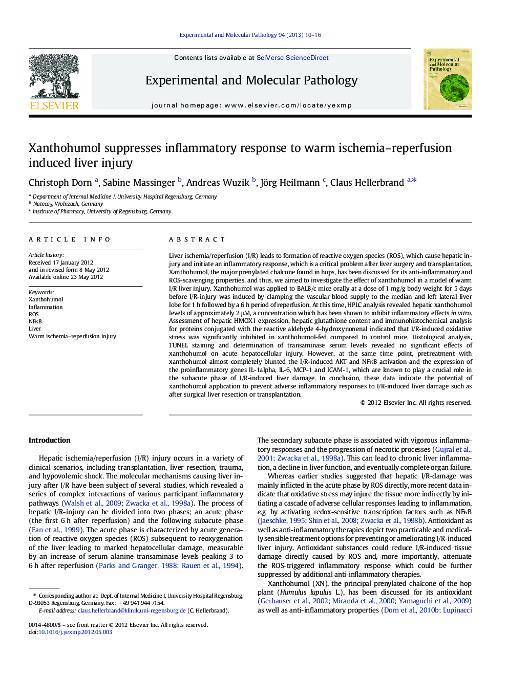 عکس صفحه اول مقاله: Xanthohumol suppresses inflammatory response to warm ischemia-reperfusion induced liver injury Xanthohumol suppresses inflammatory response to warm ischemia-reperfusion induced liver injury
