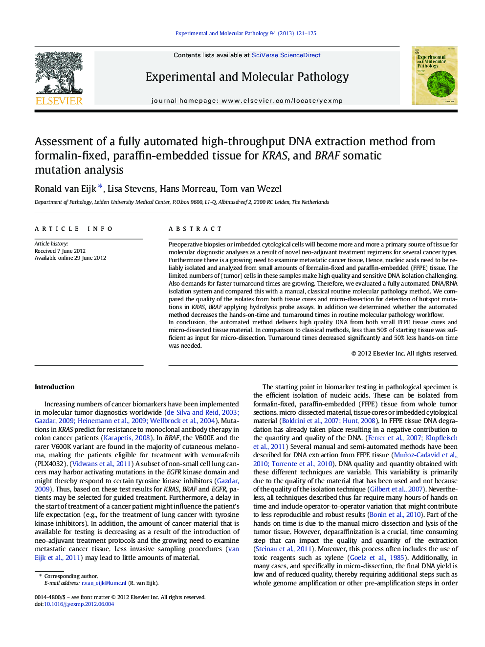Assessment of a fully automated high-throughput DNA extraction method from formalin-fixed, paraffin-embedded tissue for KRAS, and BRAF somatic mutation analysis