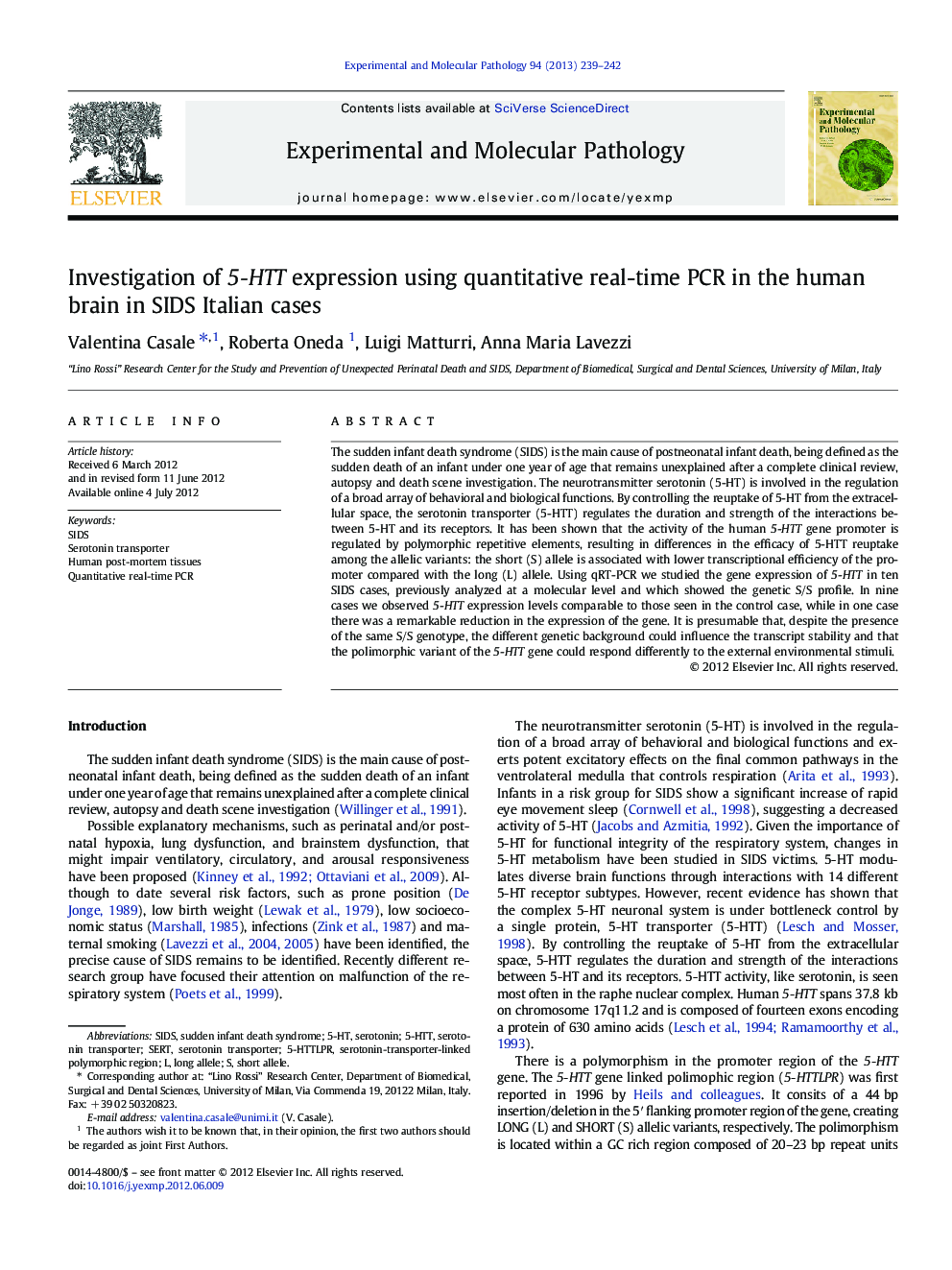 عکس صفحه اول مقاله: Investigation of 5-HTT expression using quantitative real-time PCR in the human brain in SIDS Italian cases Investigation of 5-HTT expression using quantitative real-time PCR in the human brain in SIDS Italian cases
