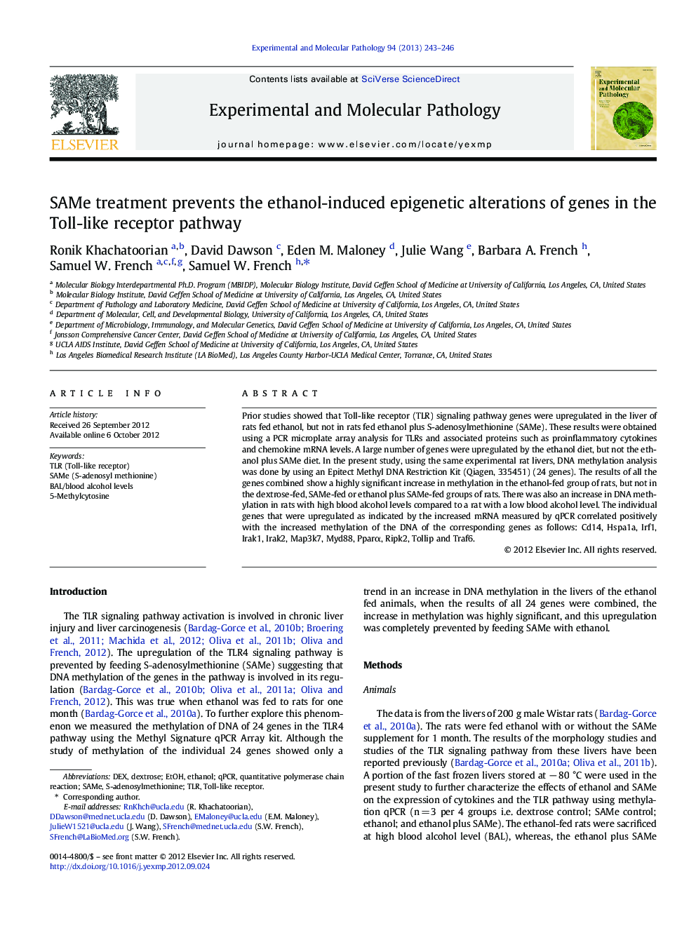 SAMe treatment prevents the ethanol-induced epigenetic alterations of genes in the Toll-like receptor pathway