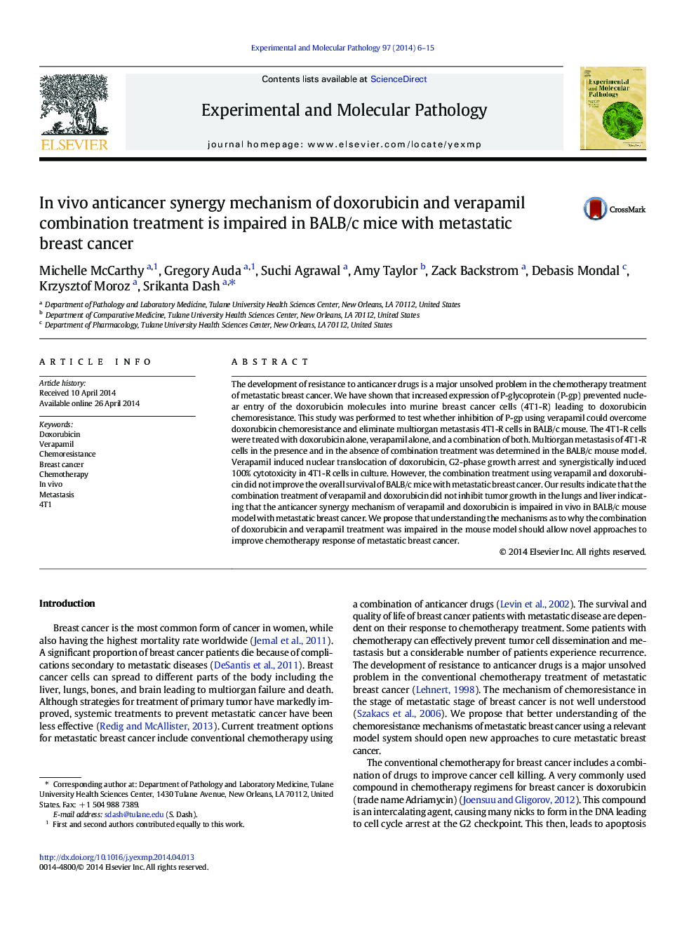 In vivo anticancer synergy mechanism of doxorubicin and verapamil combination treatment is impaired in BALB/c mice with metastatic breast cancer