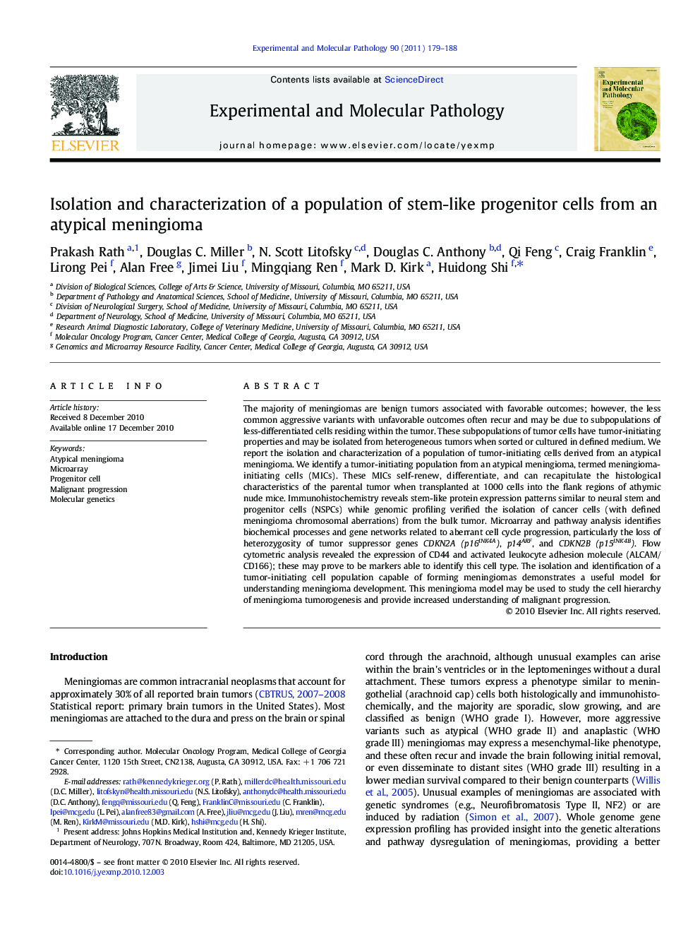 Isolation and characterization of a population of stem-like progenitor cells from an atypical meningioma