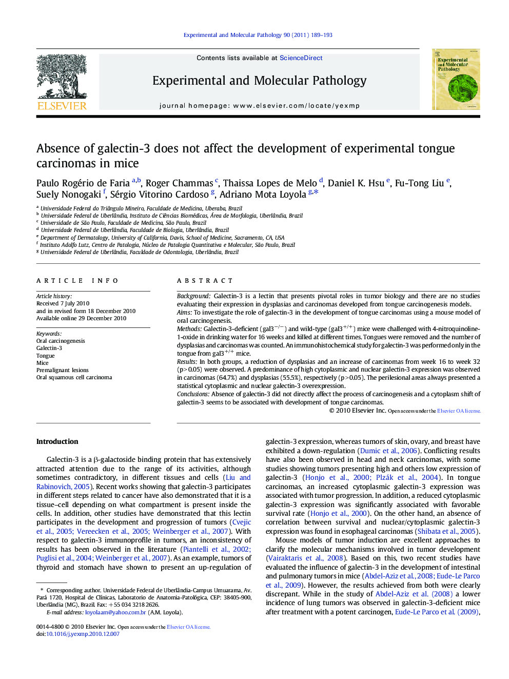 Absence of galectin-3 does not affect the development of experimental tongue carcinomas in mice