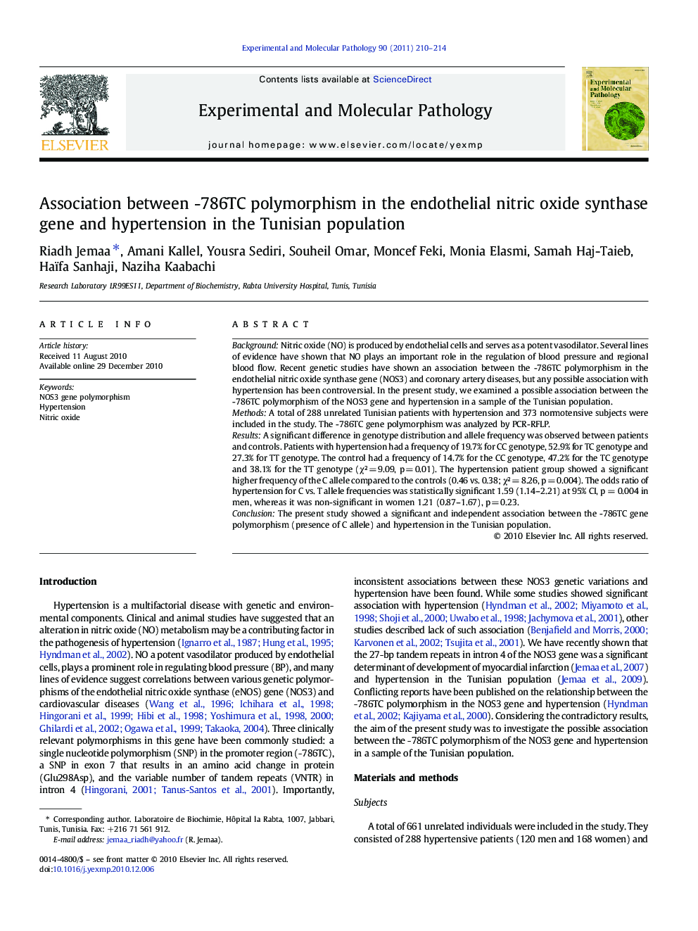 Association between -786TC polymorphism in the endothelial nitric oxide synthase gene and hypertension in the Tunisian population