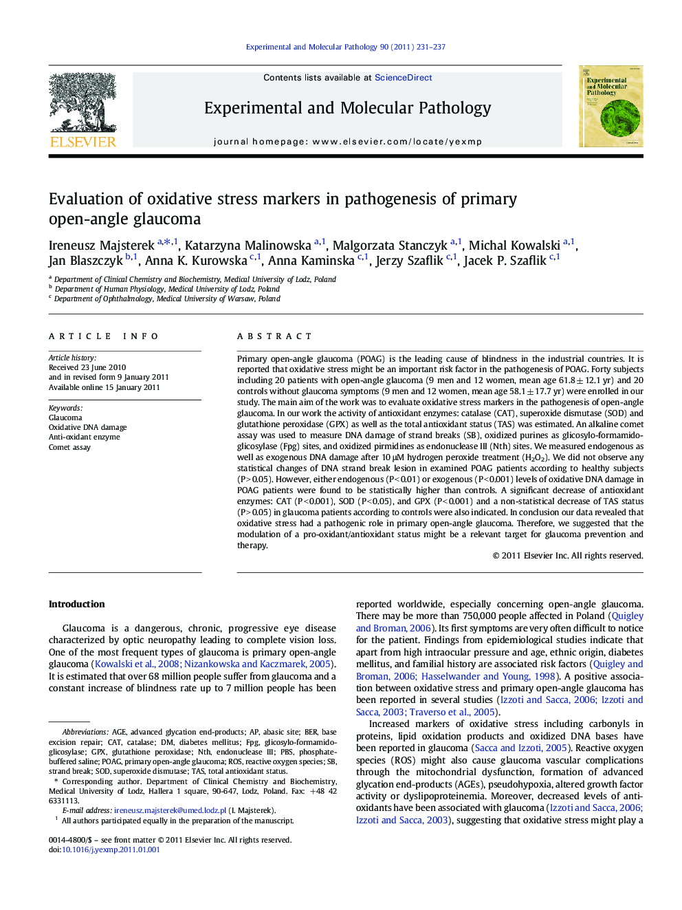 Evaluation of oxidative stress markers in pathogenesis of primary open-angle glaucoma