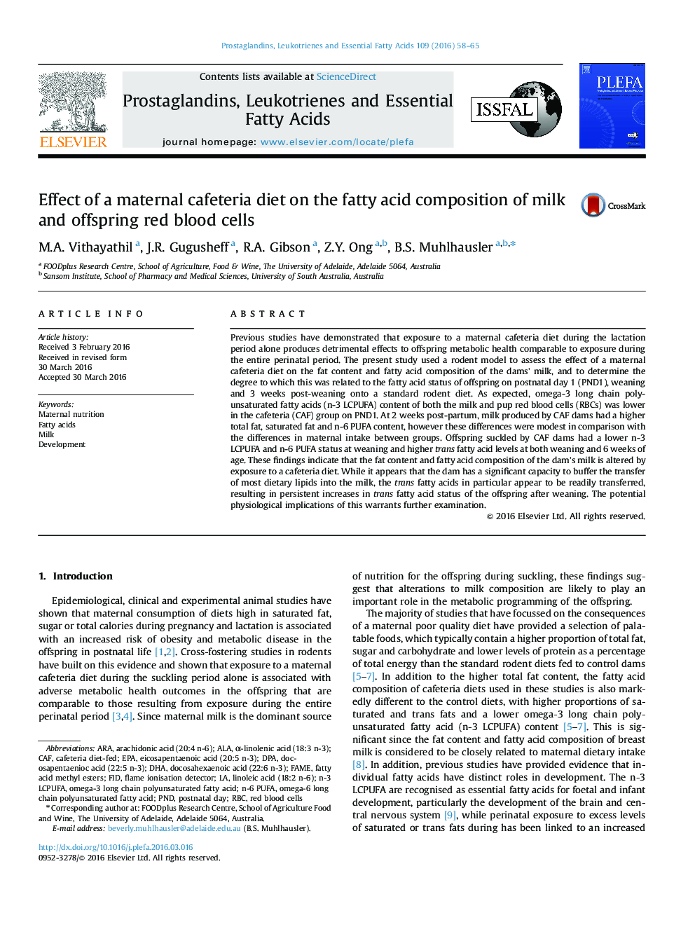 Effect of a maternal cafeteria diet on the fatty acid composition of milk and offspring red blood cells