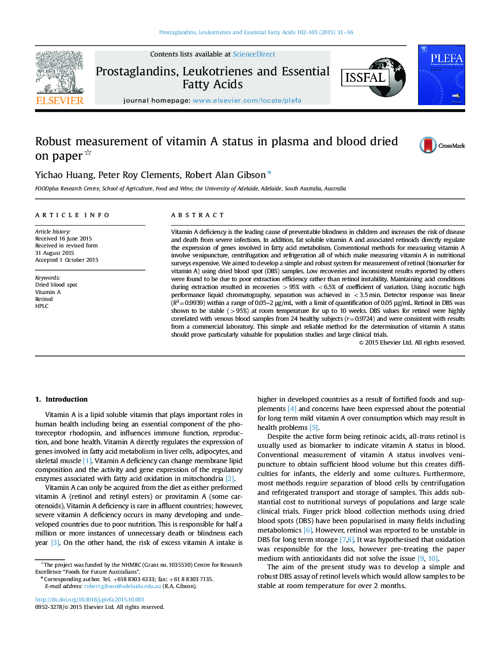 Robust measurement of vitamin A status in plasma and blood dried on paper