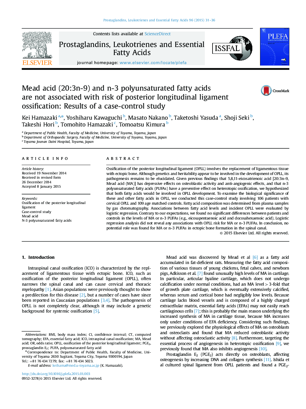 Mead acid (20:3n-9) and n-3 polyunsaturated fatty acids are not associated with risk of posterior longitudinal ligament ossification: Results of a case-control study