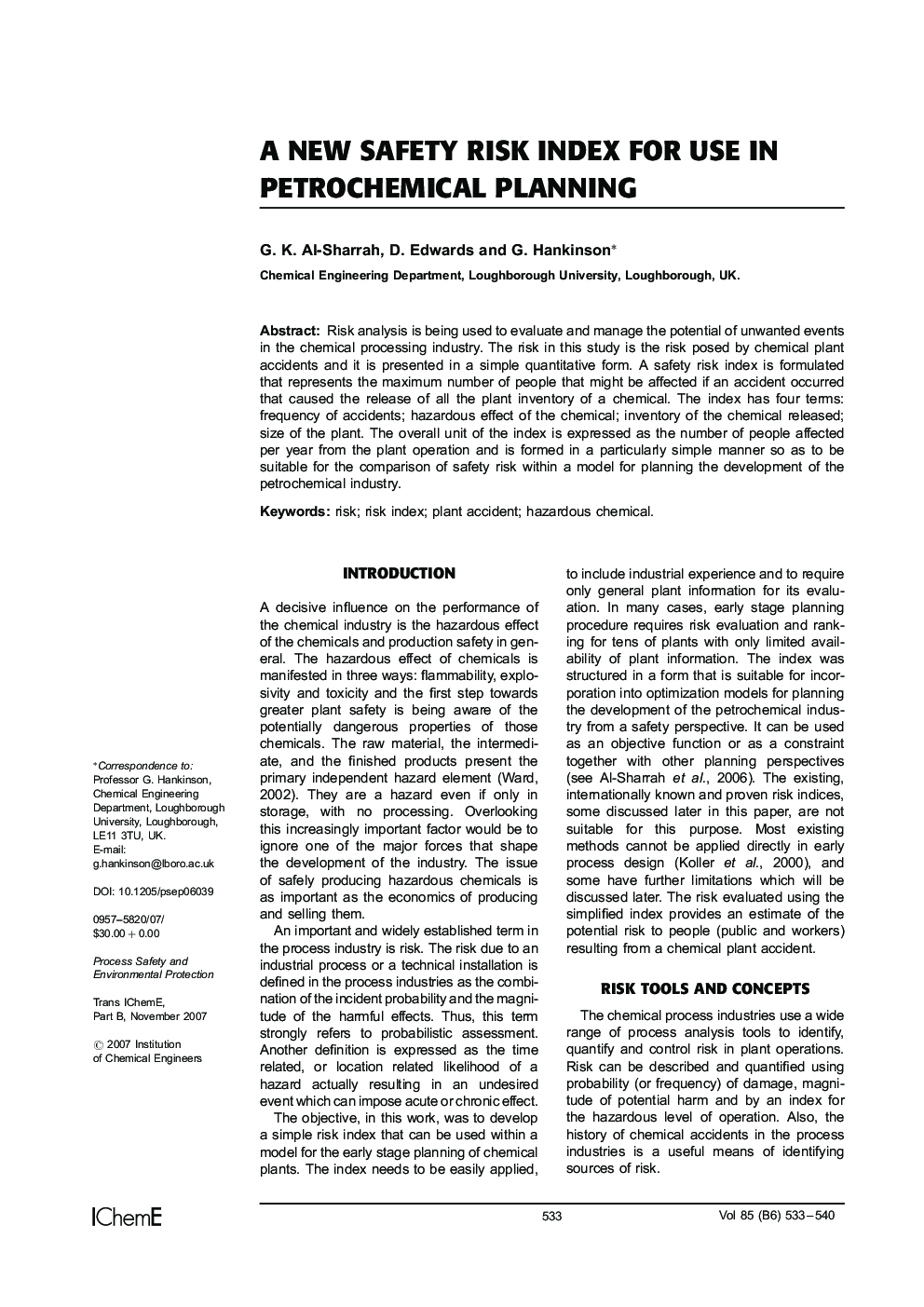 A New Safety Risk Index for Use in Petrochemical Planning